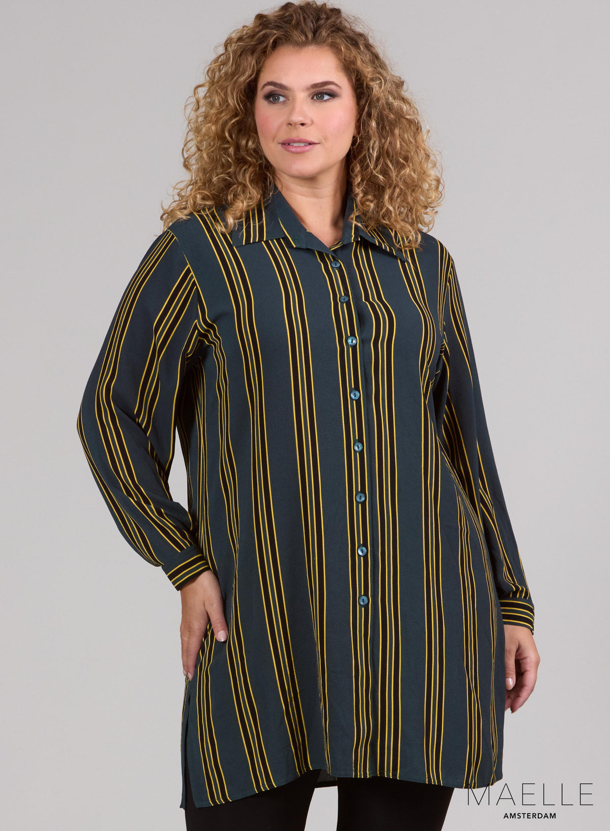 Maelle Bubble Chiffon Blouse met knoopjes, groene strepen