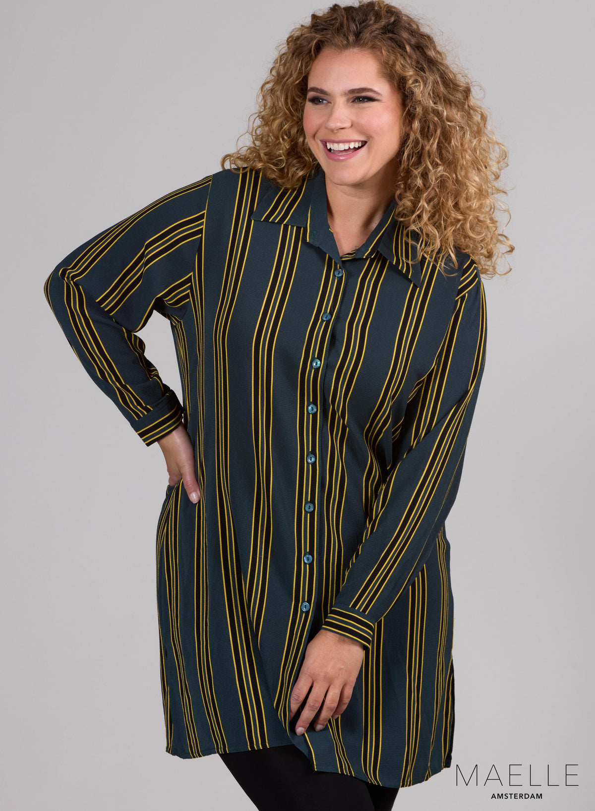 Maelle Bubble Chiffon Blouse met knoopjes, groene strepen