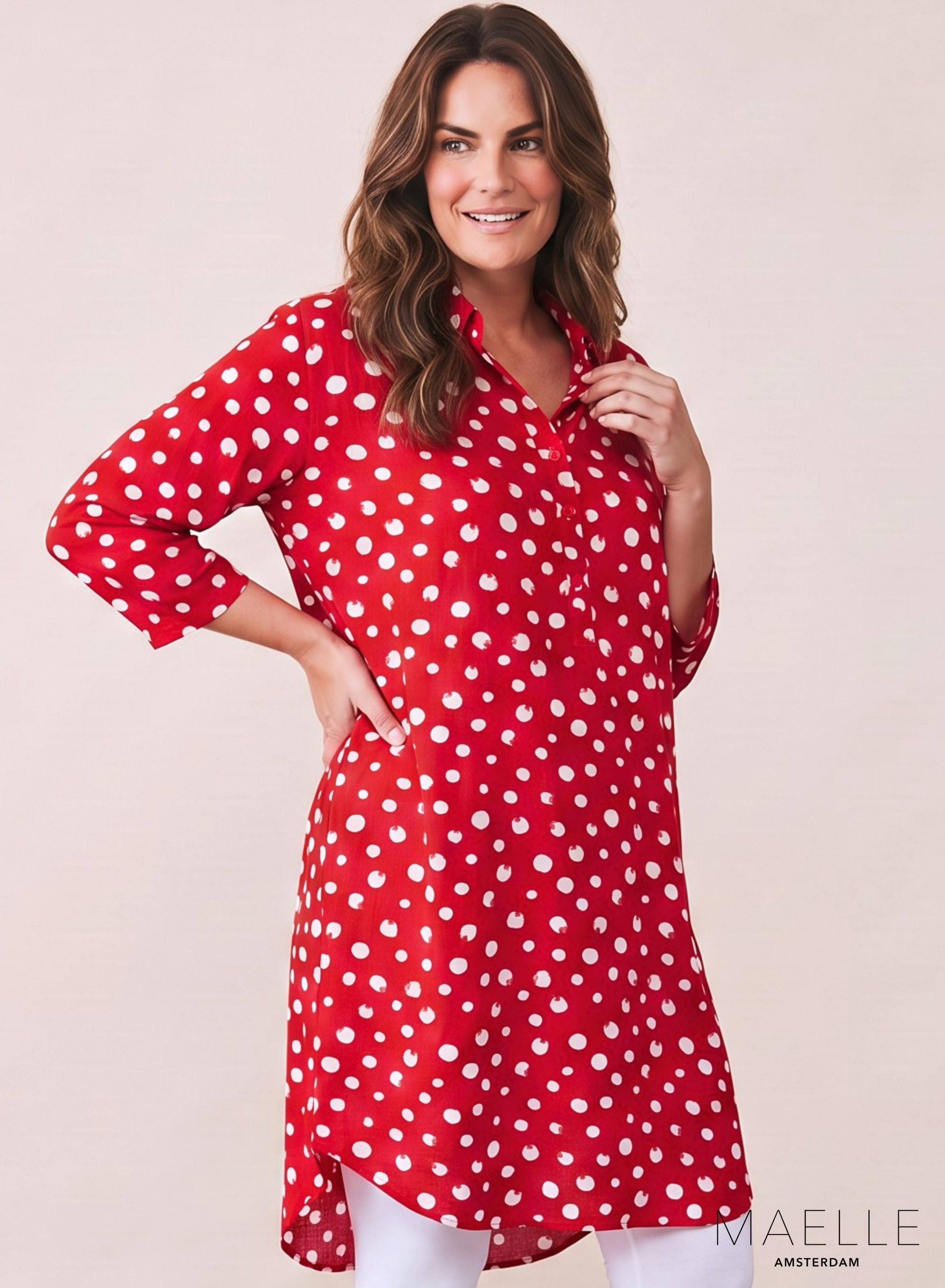 Maelle Tuniek met Knoopsluiting Print Viscose Rood Witte Stippen