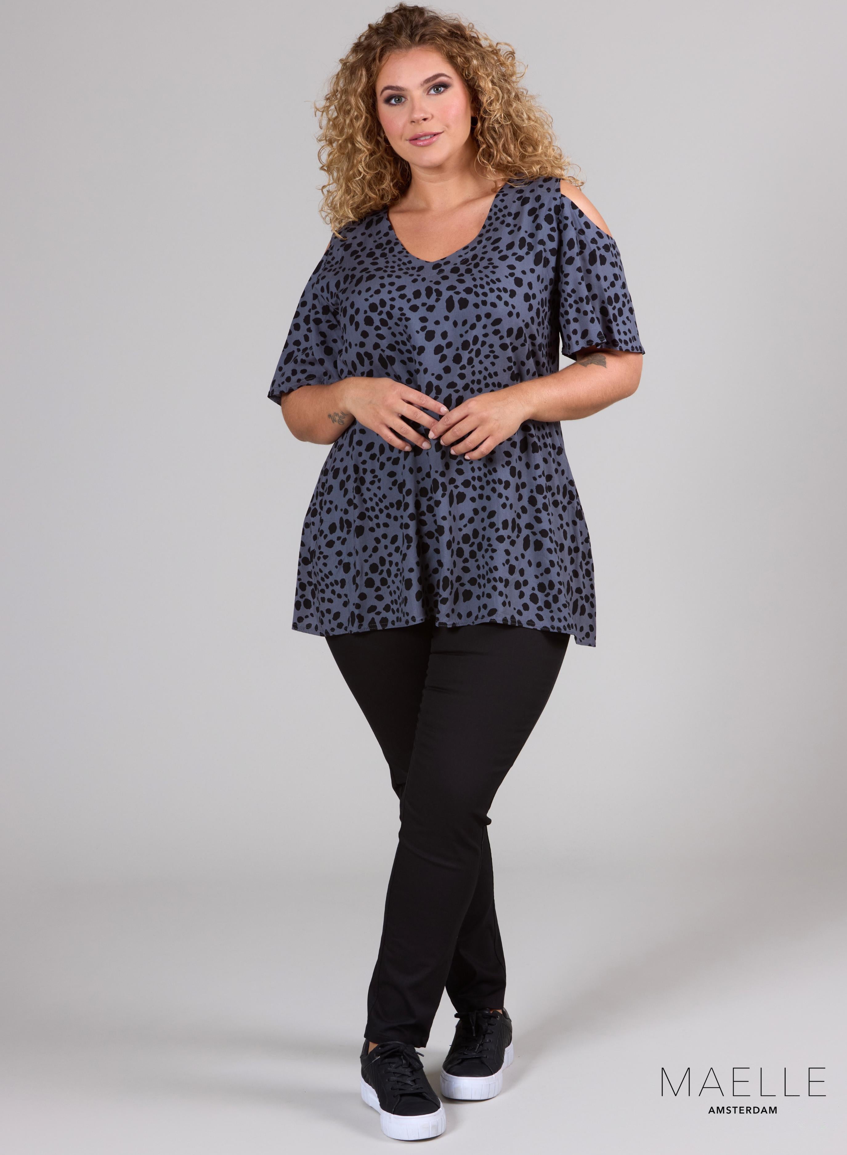 Maelle Cold Shoulder Top Kleiner Leopardenmuster Grau