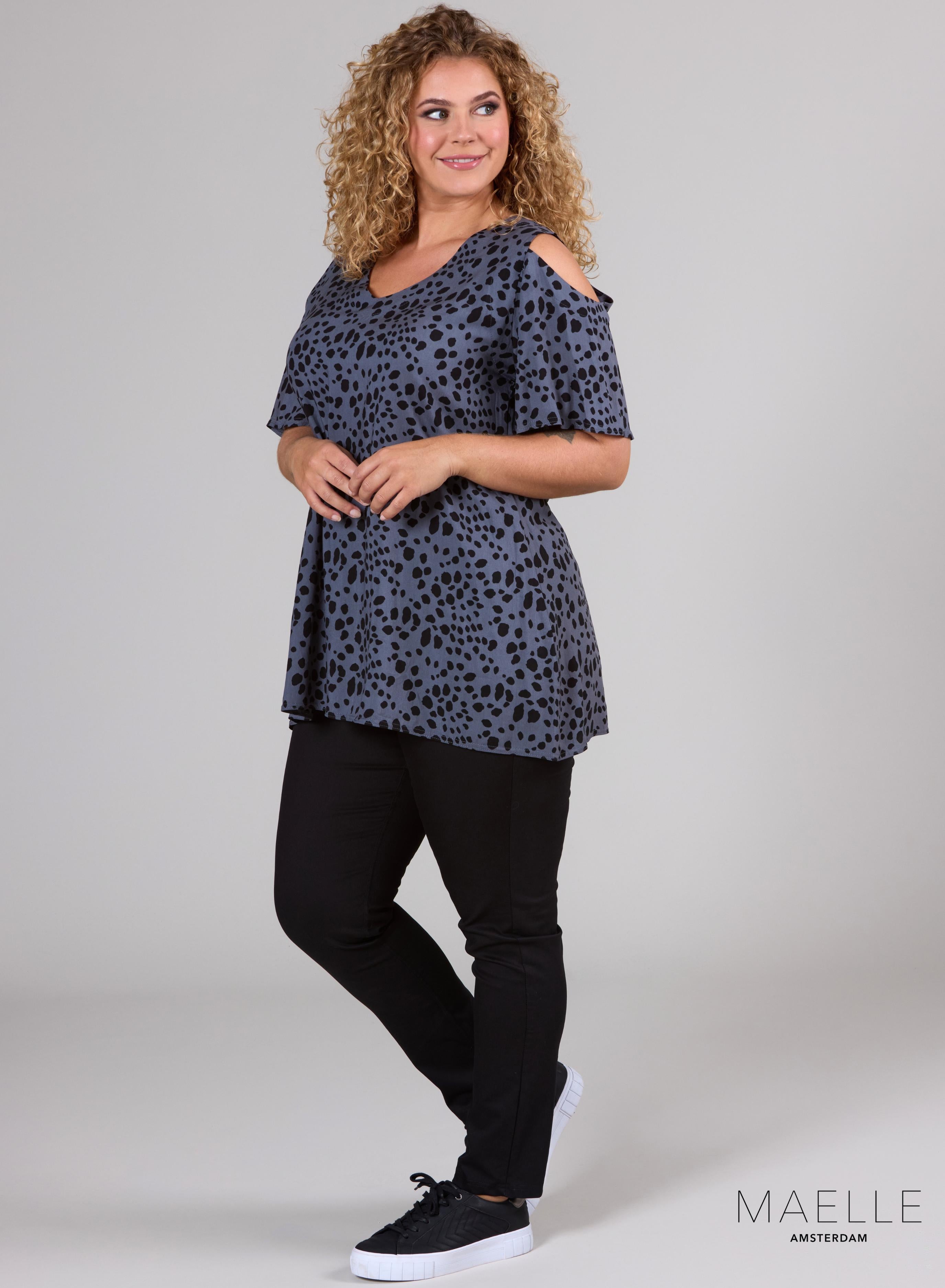 Maelle Cold Shoulder Top Kleiner Leopardenmuster Grau