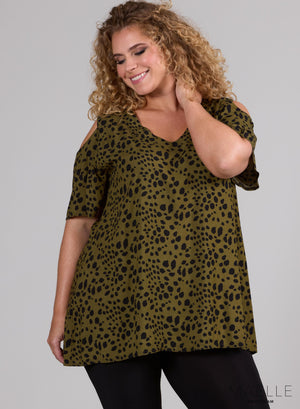 Maelle top met open schouders, kleine luipaardprint, kaki