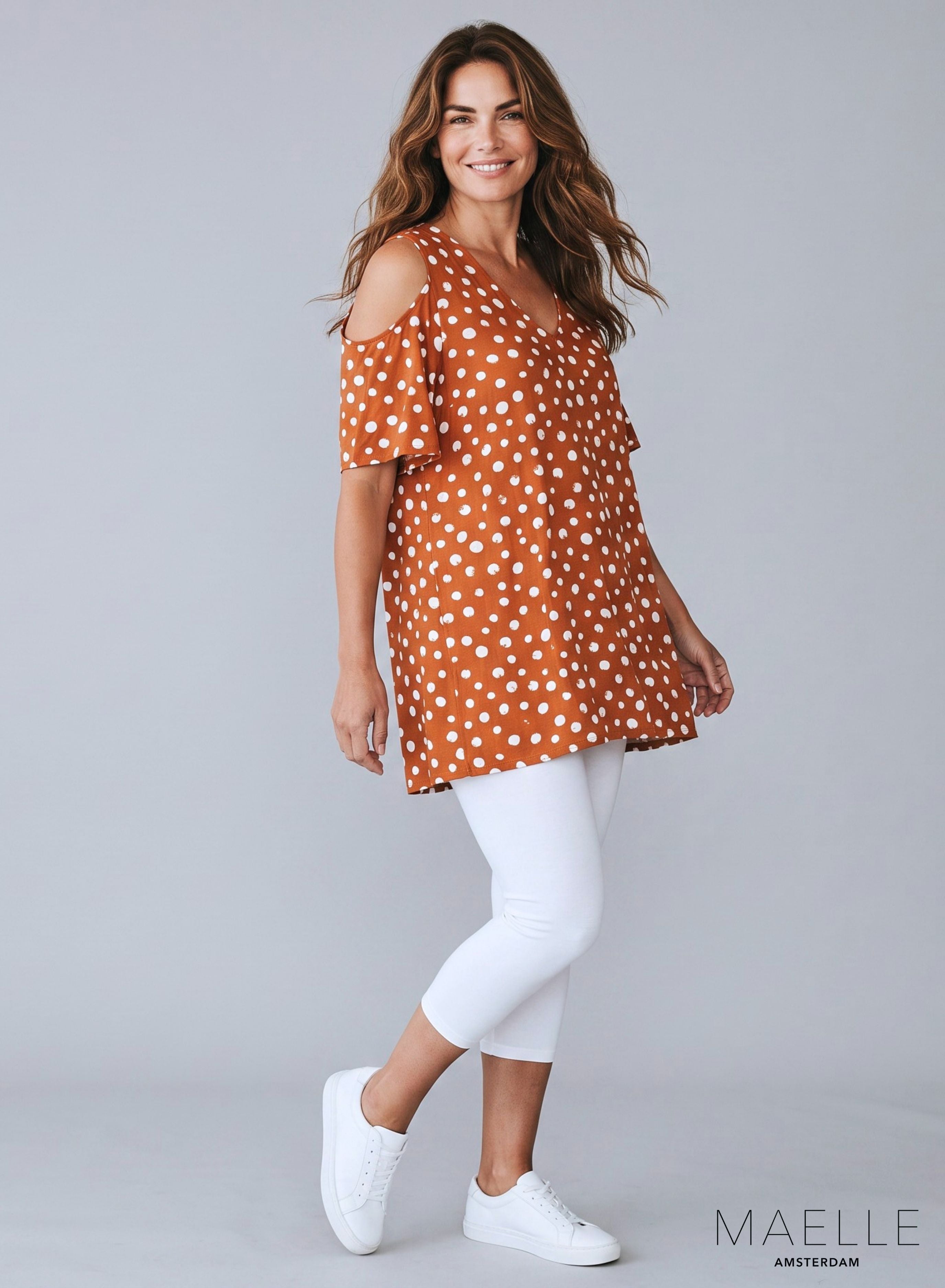 Maelle One-Shoulder-Top Rost/Orange Weiße Punkte