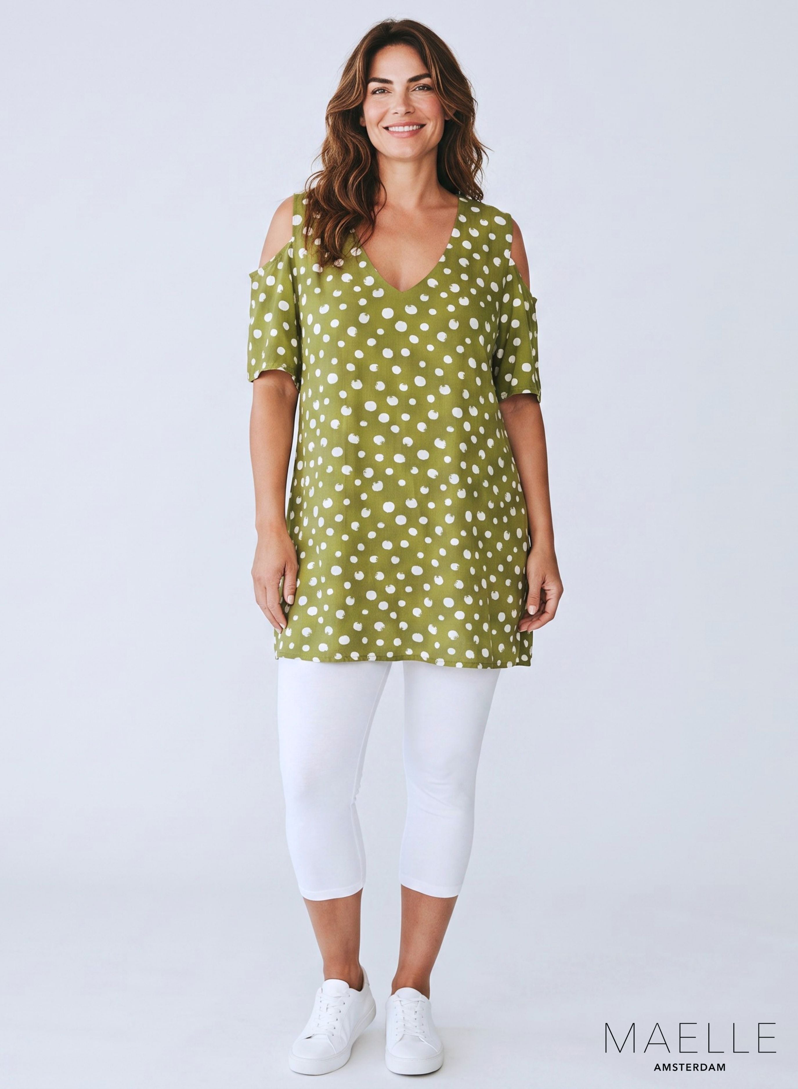Maelle Cold Shoulder Top Green White Dots