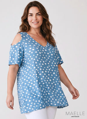 Maelle Cold Shoulder Top Blau Weiße Punkte