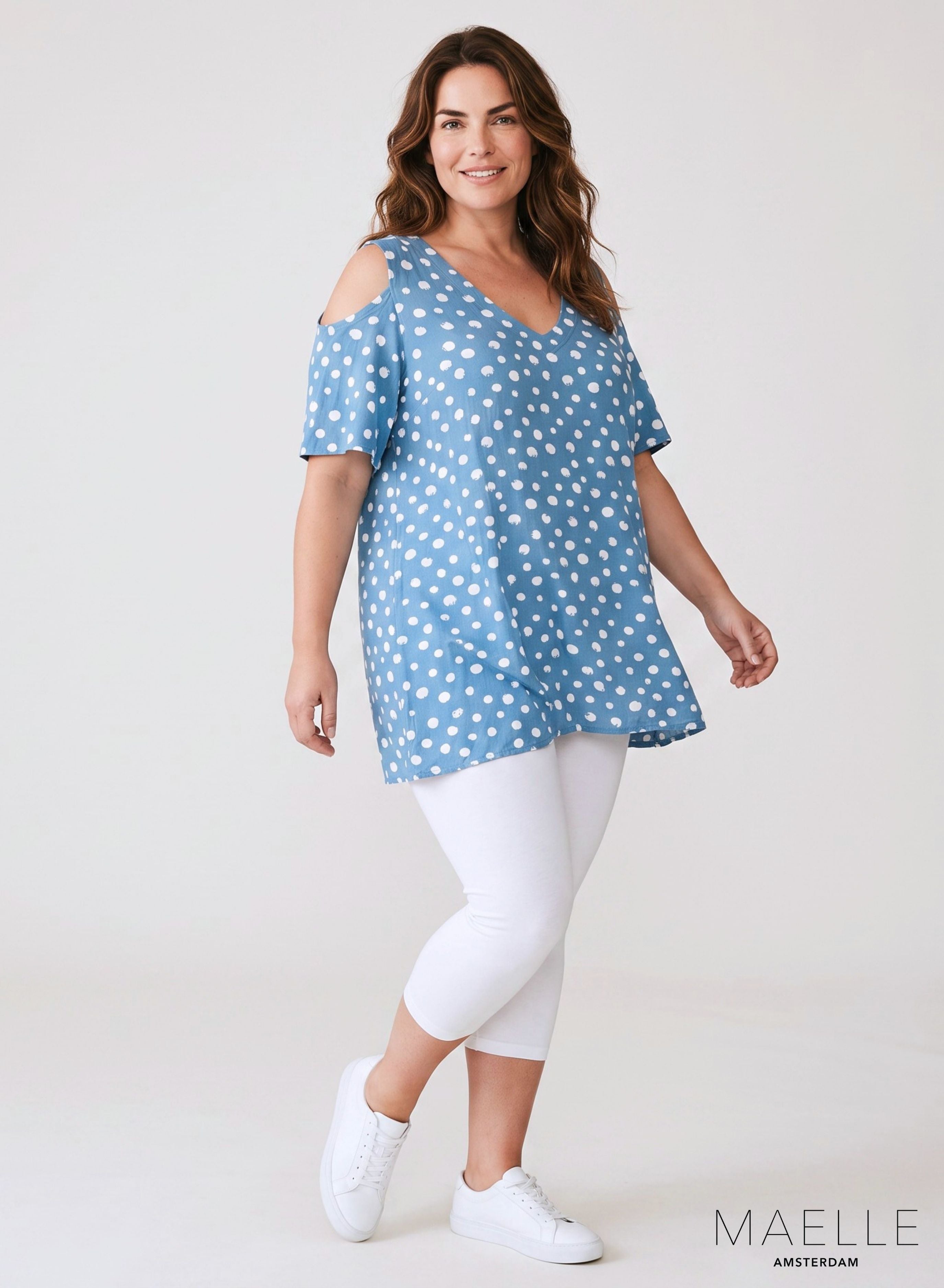 Maelle Cold Shoulder Top Blauw Witte Stippen