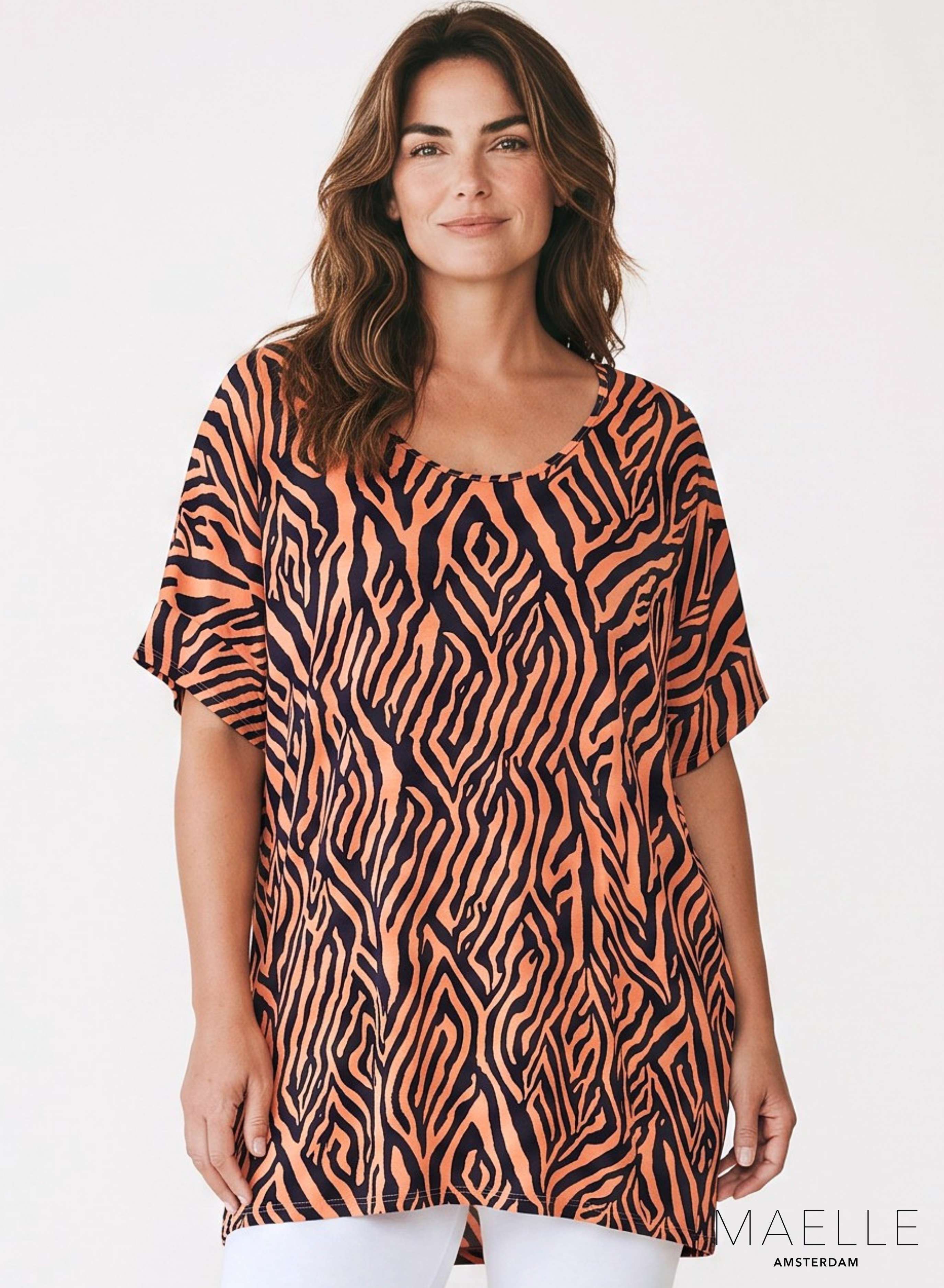 Maelle Oversize-Hemd / Tunika aus Viskose mit grafischem Zebramuster Koralle