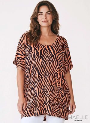Maelle Oversize-Hemd / Tunika aus Viskose mit grafischem Zebramuster Koralle