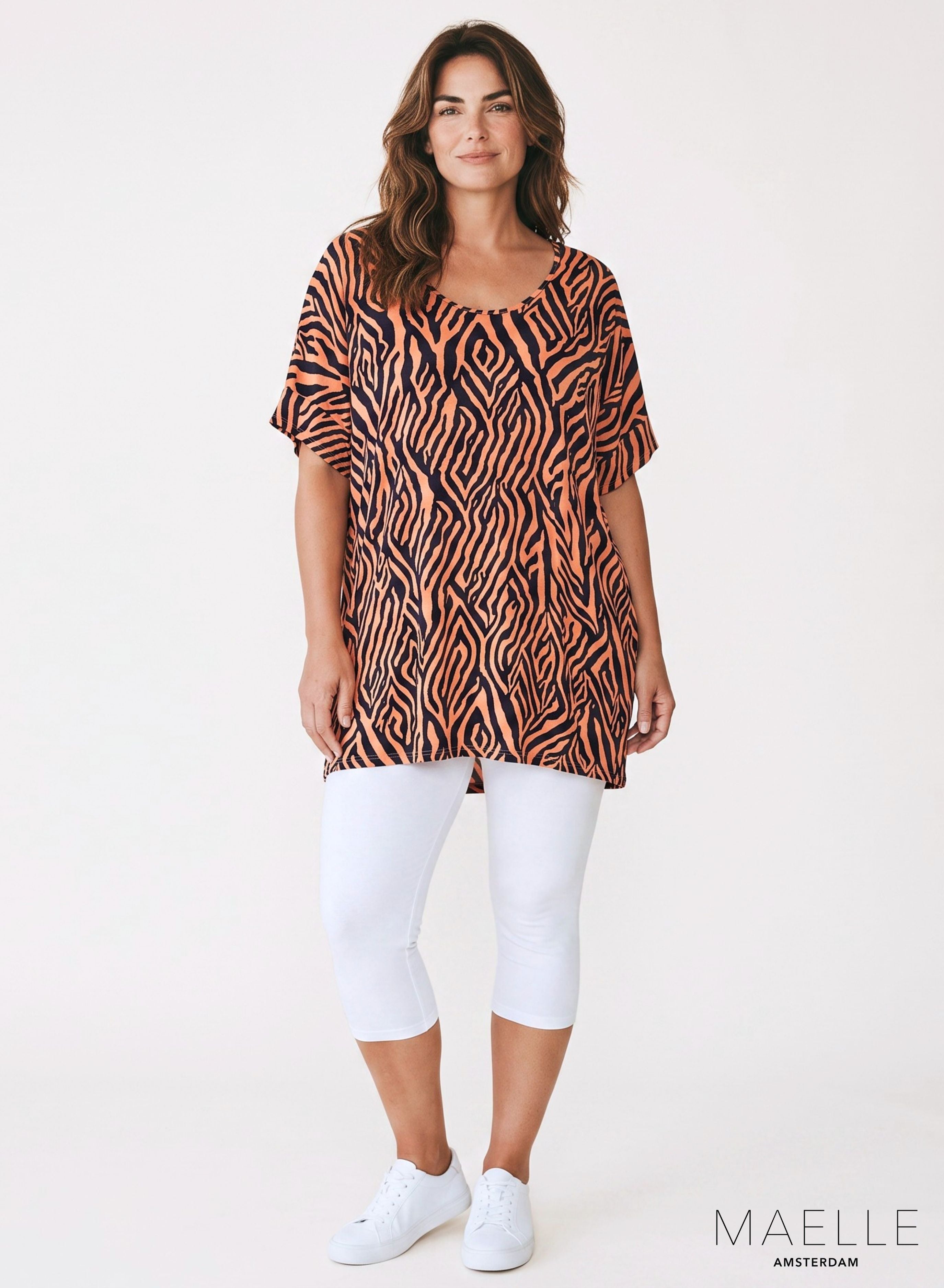 Maelle Oversize-Hemd / Tunika aus Viskose mit grafischem Zebramuster Koralle