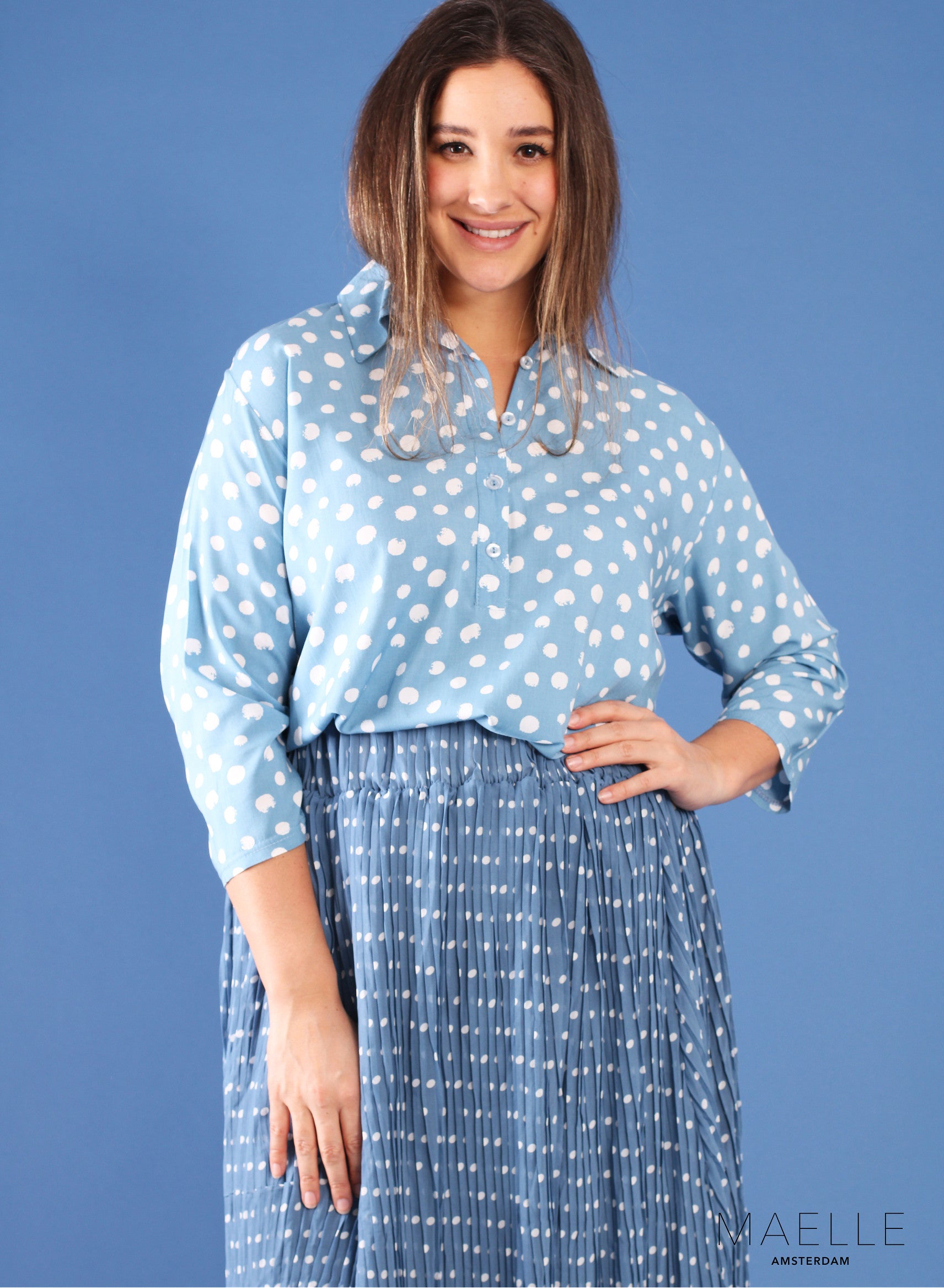 Maelle Pleated Skirt Polka Sky Blue Pleated