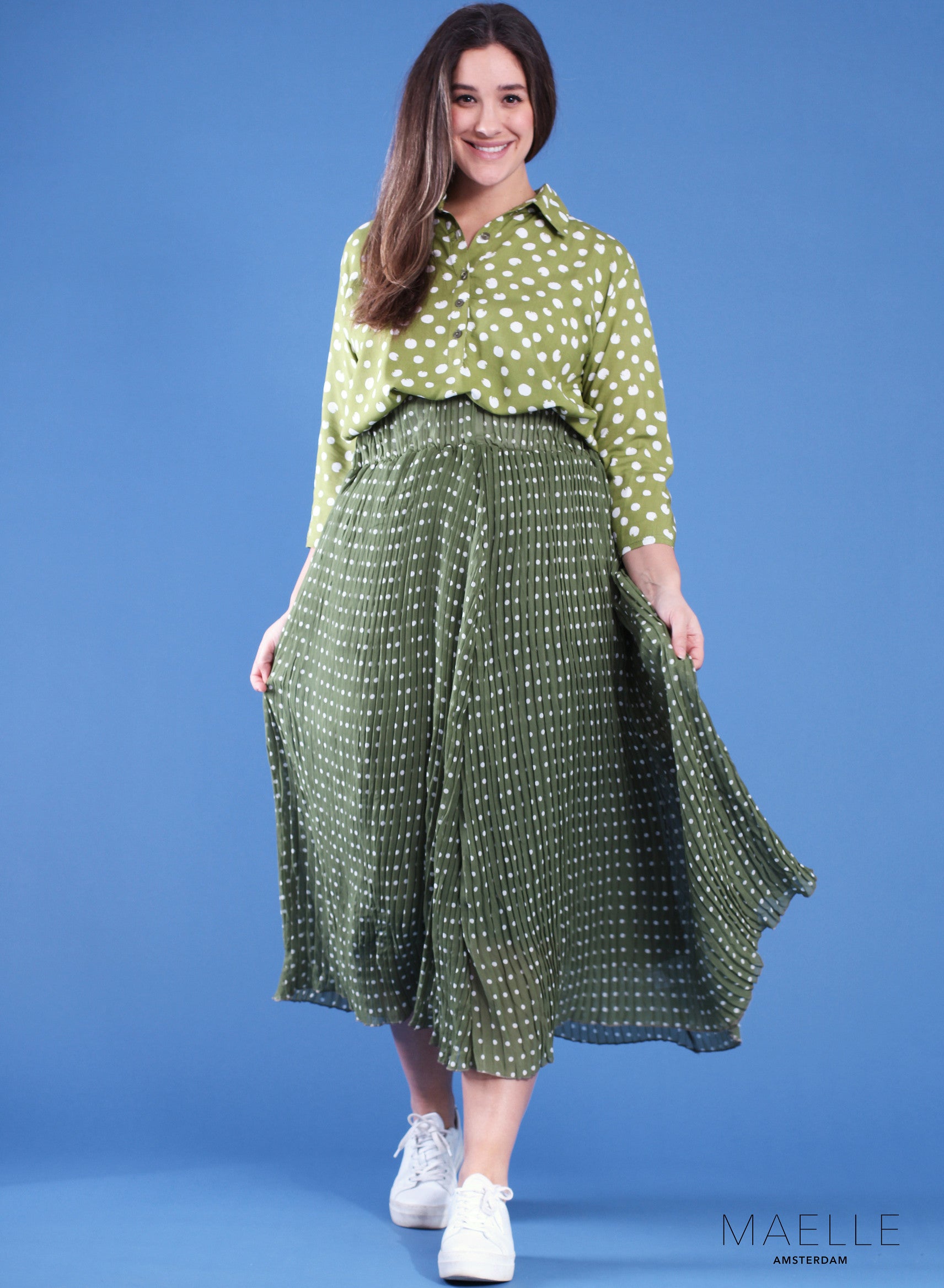 Maelle Geplooide Rok Polka Groen Geplooid