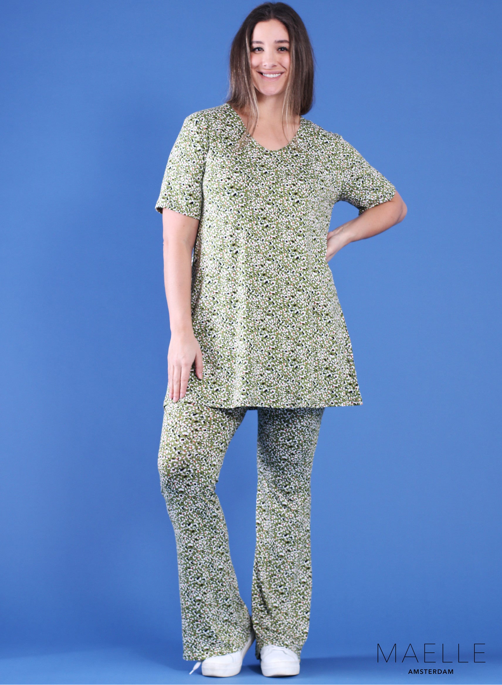 Maelle Viscose Print A-line Shirt Green Small Print