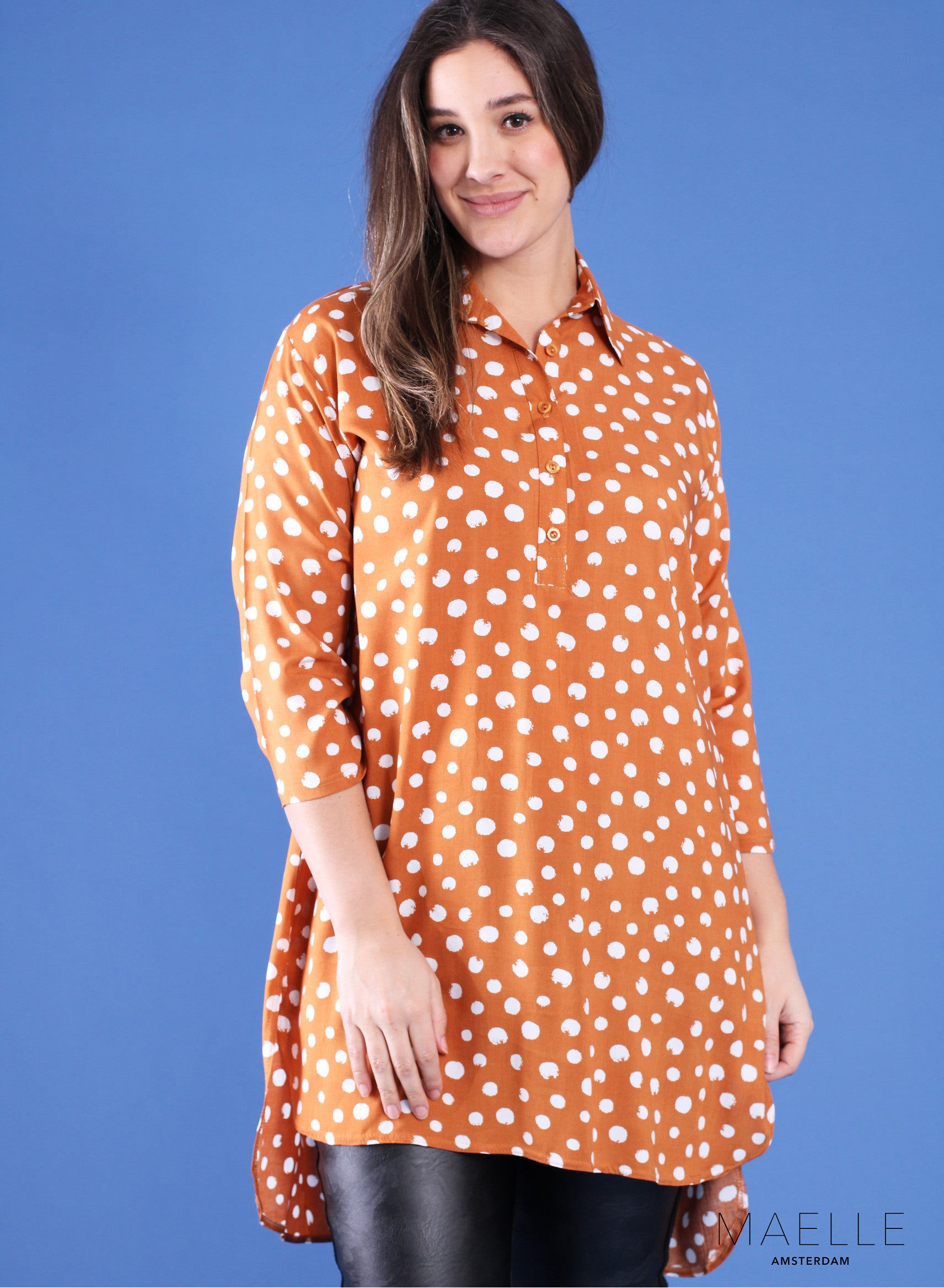 Maelle Tunika mit Knöpfen Viskose Rost/Orange Weiße Tupfen bedruckt