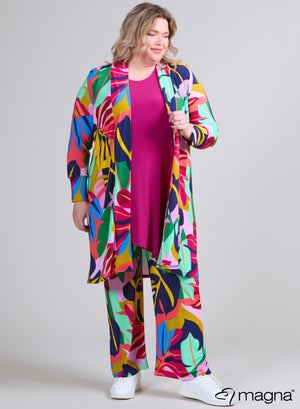 Magna Printed Travel Cardigan Big Leaves Design Magenta Mint