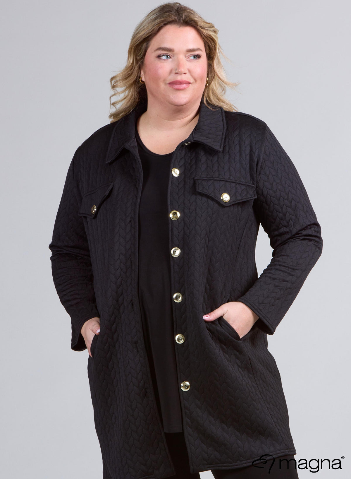 N-2405 - Jaquard-Knopfblazer Blockdesign Schwarz