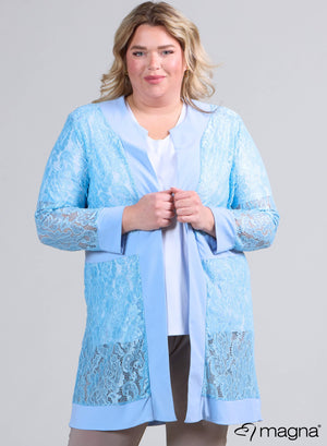 Magna Offene Strickjacke mit Spitze Himmelblau