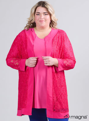 Magna Offene Spitzen-Strickjacke Fuchsie