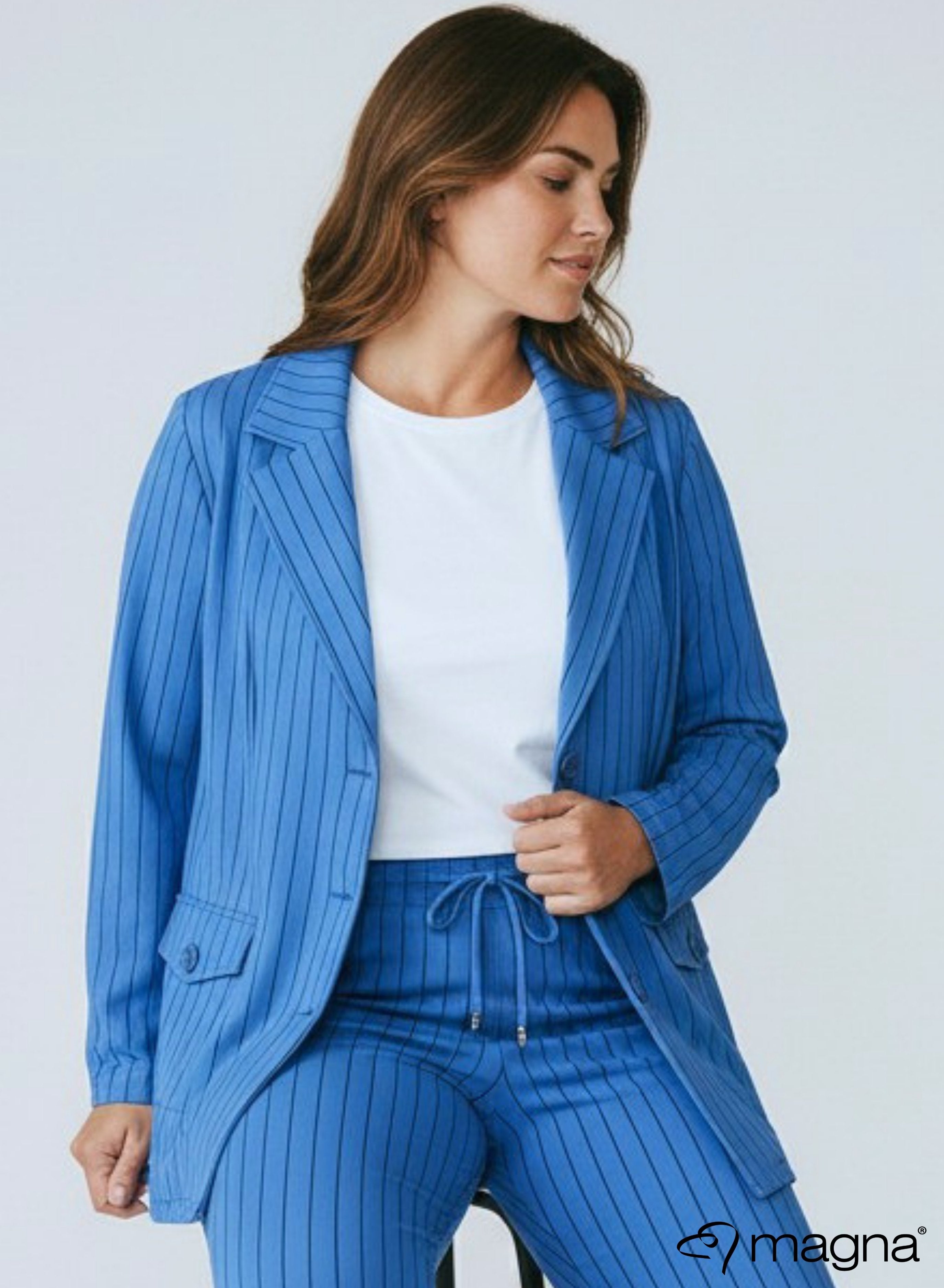 Magna Printed Stretchy Heavy Blazer Pinstripe Blue