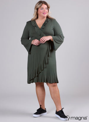 Magna Wickelkleid mit Rüschen, klassische Polka Dots, Khaki