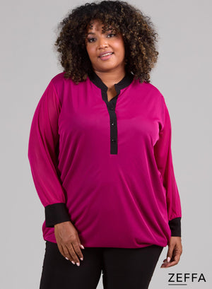 Zeffa Stretchy Mesh Chiffon Bluse Dunkelfuchsia