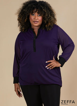Zeffa Stretchy Mesh Chiffon Bluse Dunkellila