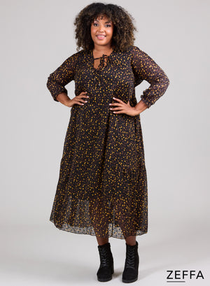 Zeffa Chiffonkleid Flock Circles Gelb Braun