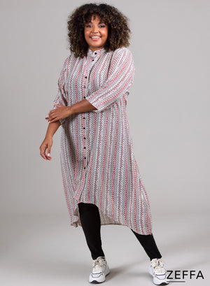Zeffa Chiffon Mesh Dress/Tunic Buttons Dot & Line Design Beige