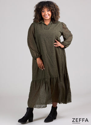 Zeffa Jurk met Ruches, Chiffon en Kaki