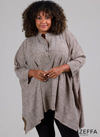 Zeffa Oversized Tunic Poncho with Buttons Herringbone Sand