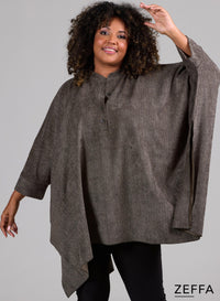 Zeffa Oversized Tunic Poncho with Buttons Herringbone Taupe