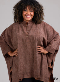 Zeffa Oversized Tunic Poncho with Buttons Herringbone Camel