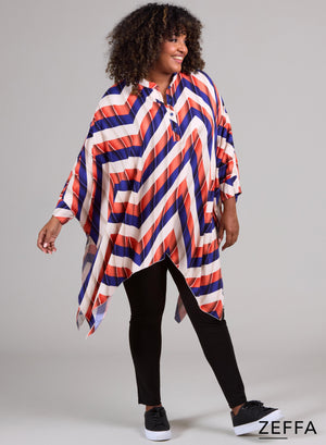 Zeffa Viscose Oversized Tuniek Poncho met Knopen Zig Zag Oranje Paars