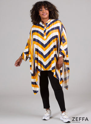Zeffa Viscose Oversized Tuniek Poncho met Knopen Zig Zag Geel Paars