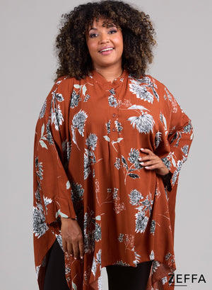 Zeffa Viskose Oversize Tunika Poncho mit Knöpfen Chrys. Blumendesign Rost