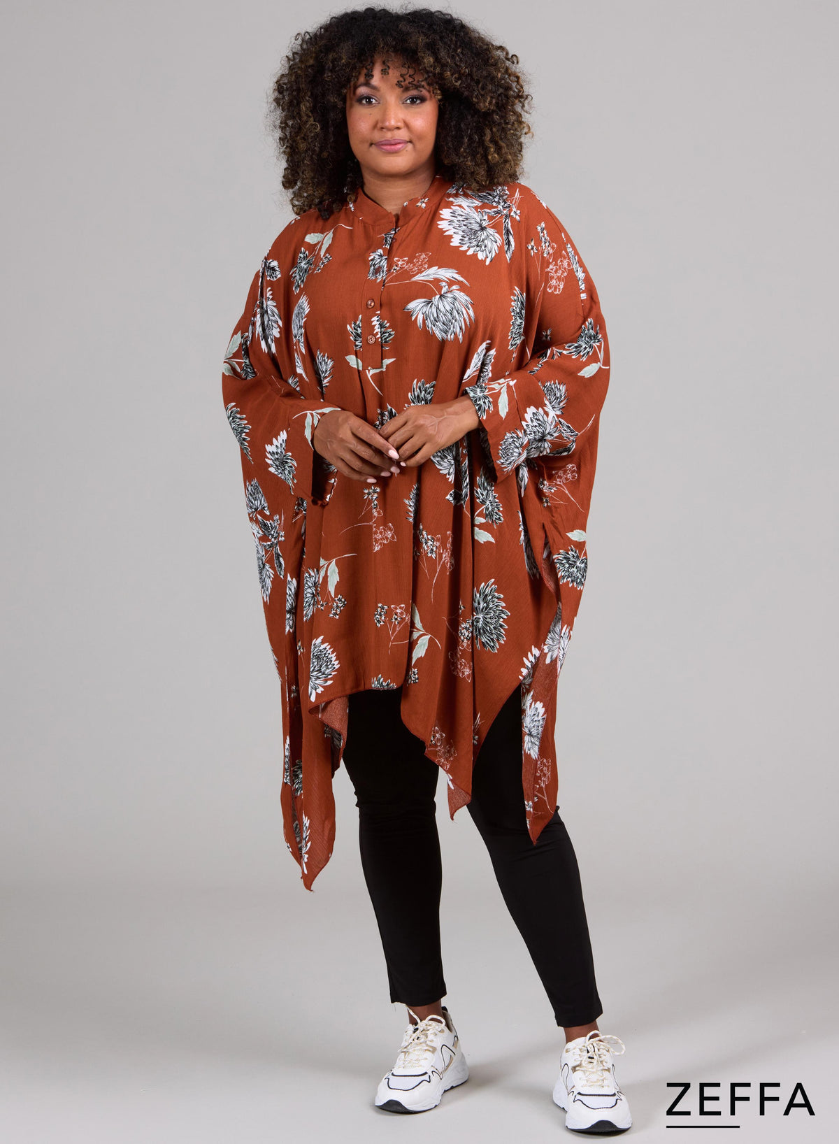 Zeffa Viskose Oversize Tunika Poncho mit Knöpfen Chrys. Blumendesign Rost
