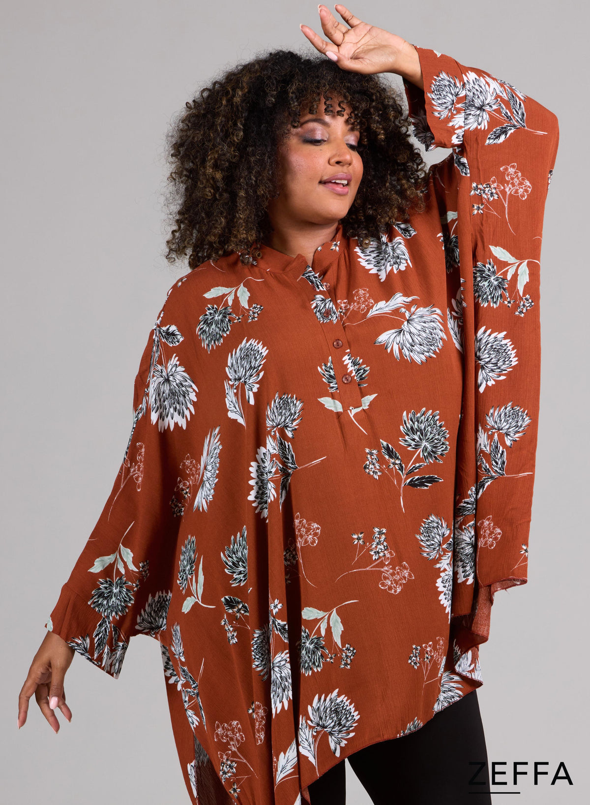 Zeffa Viskose Oversize Tunika Poncho mit Knöpfen Chrys. Blumendesign Rost