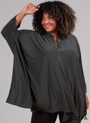 Zeffa Oversized Tunic Poncho with Buttons Khaki