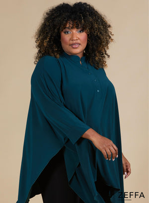 Zeffa Oversized Tunic Poncho with Buttons Bottle Green
