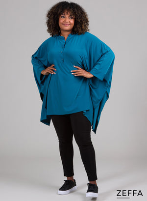 Zeffa Oversized Tunic Poncho with Buttons Petrol