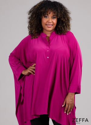 Zeffa Oversized Tunic Poncho with Buttons Dark Fuchsia