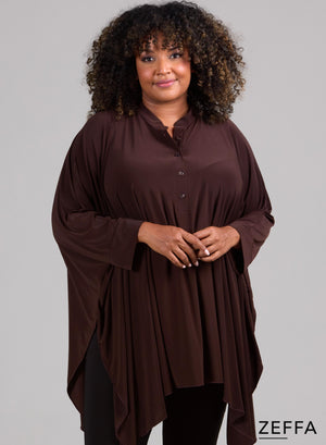 Zeffa Oversized Tunic Poncho with Buttons Brown