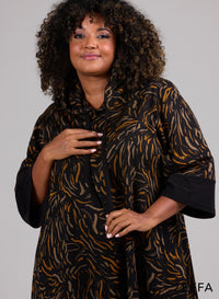 Zeffa Oversized Long Hoody Tunic Brush Marks Design Green/Ochre