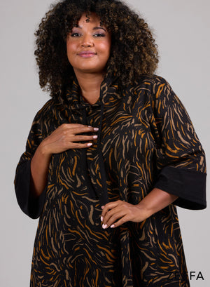Zeffa Oversized Long Hoody Tunic Brush Marks Design Green/Ochre
