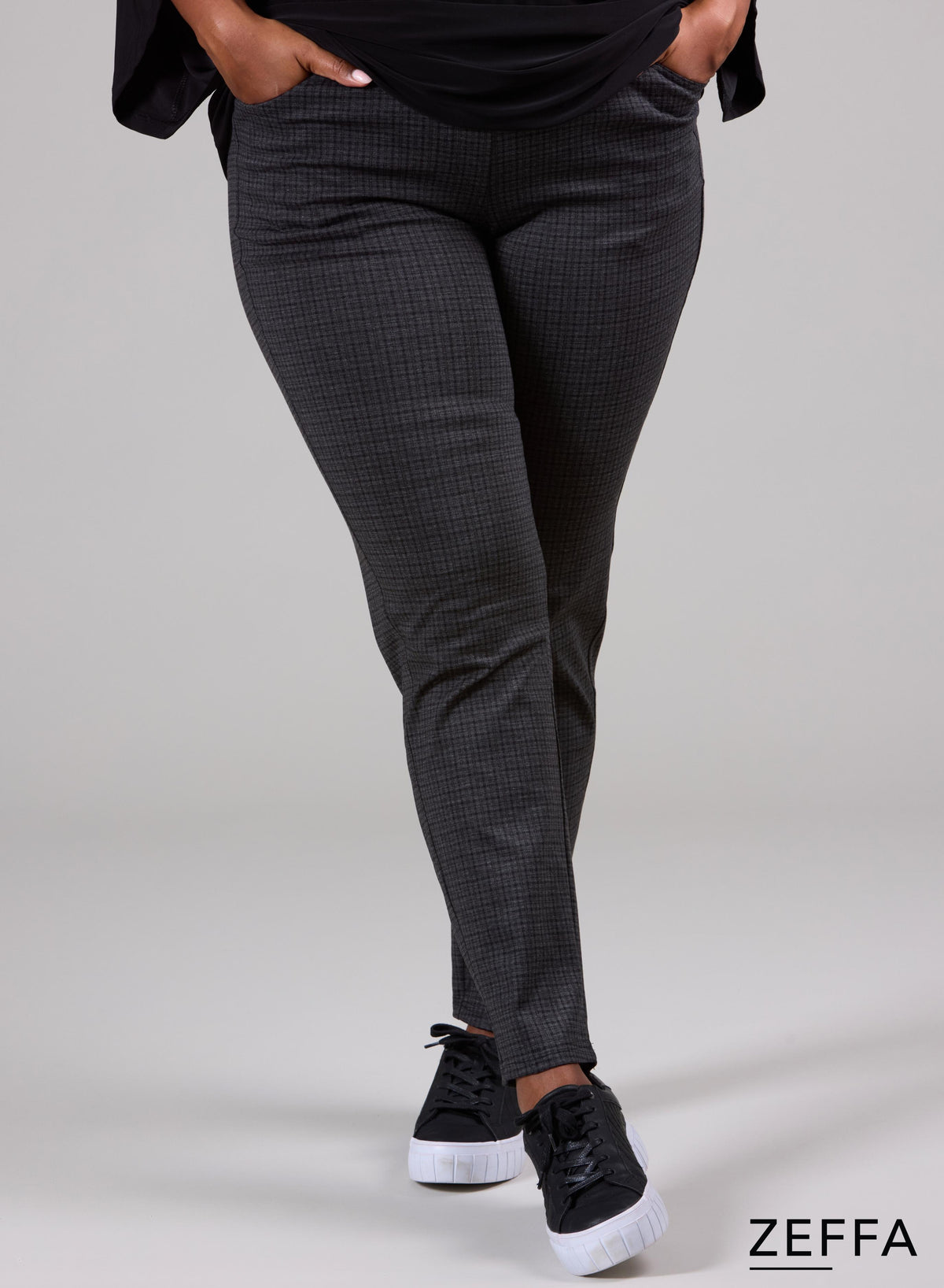 Zeffa Stretchy Warm Viscose Broek met Ruitjespatroon Grijs