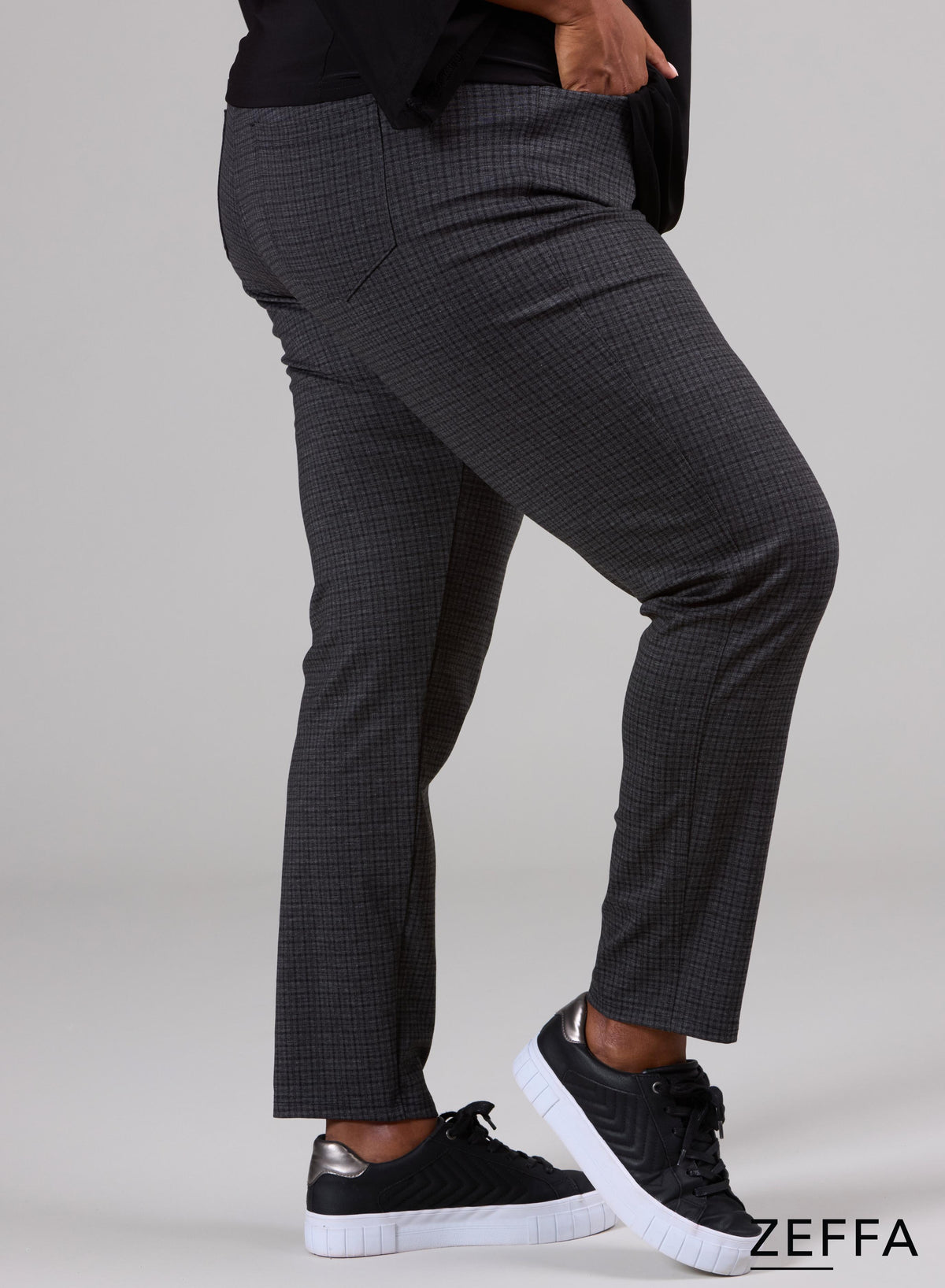 Zeffa Stretchy Warm Viscose Broek met Ruitjespatroon Grijs
