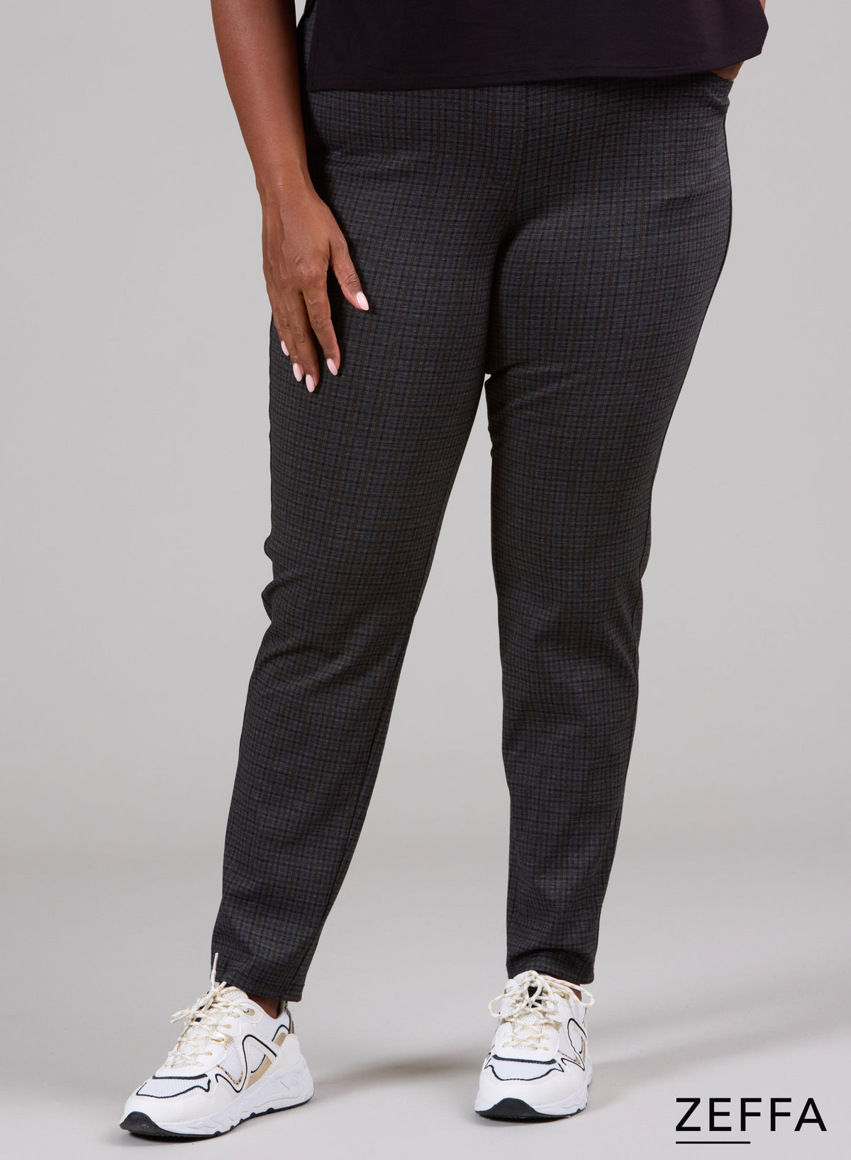 Zeffa Stretchy Warm Viscose Broek met Ruitjespatroon Grijs Mosterd