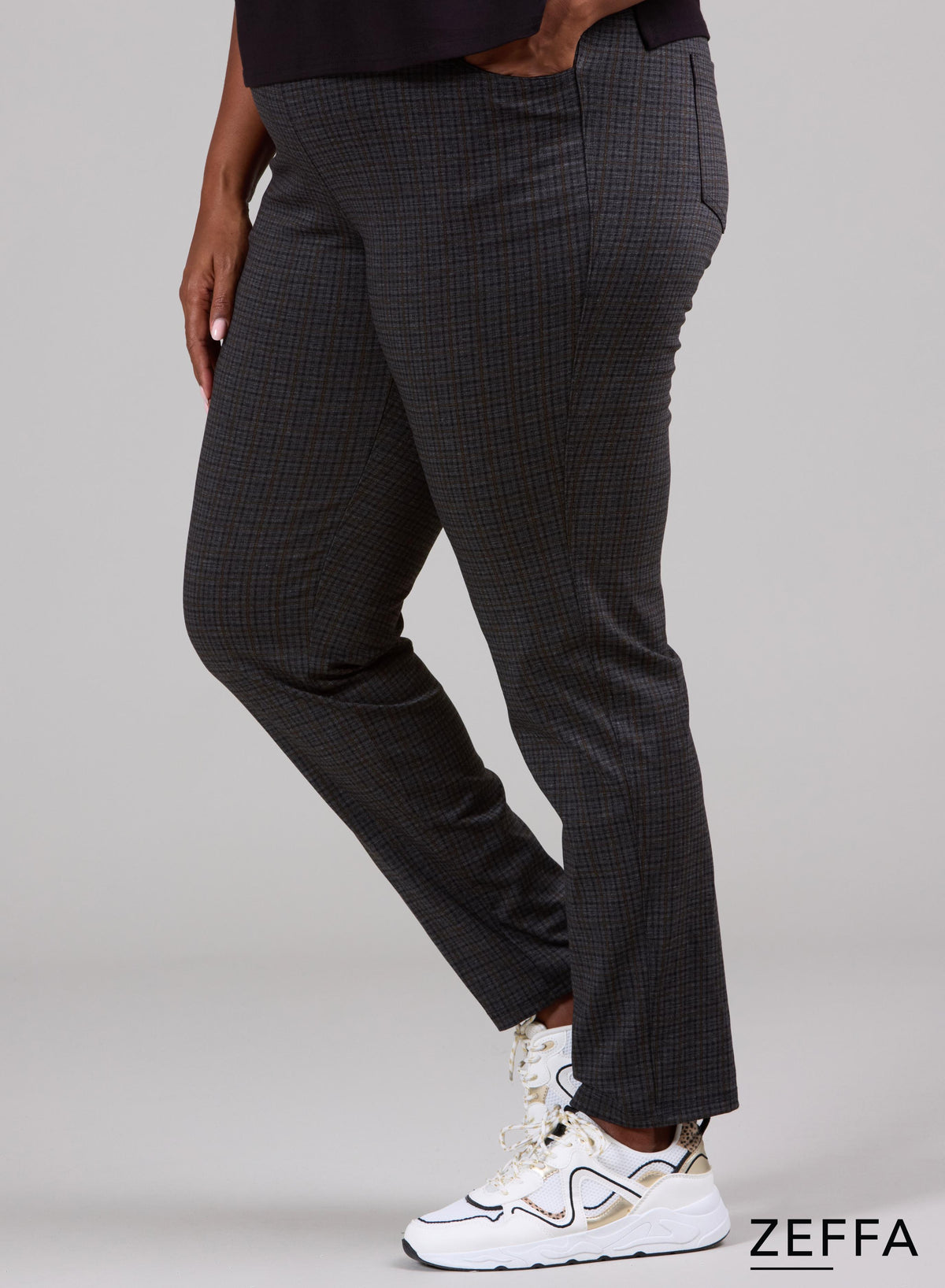 Zeffa Stretchy Warm Viscose Broek met Ruitjespatroon Grijs Mosterd