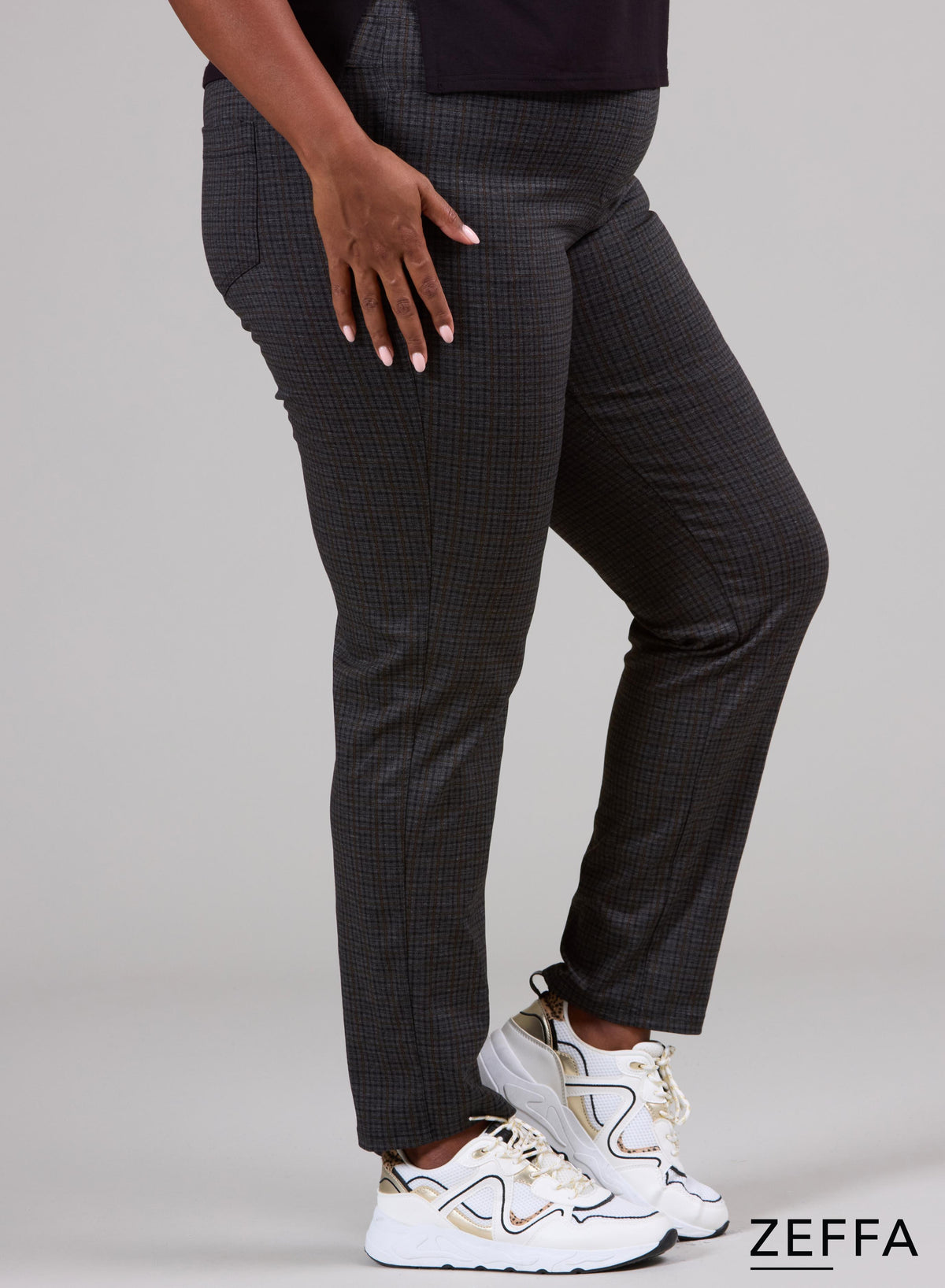 Zeffa Stretchy Warm Viscose Broek met Ruitjespatroon Grijs Mosterd