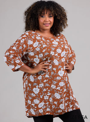 Zeffa eenvoudige tuniek met bloemenprint in roestbruin/oranje