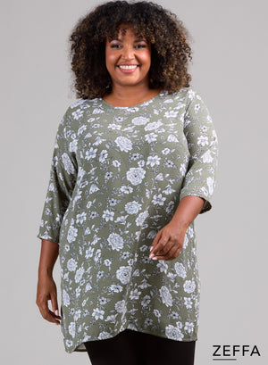 Zeffa eenvoudige tuniek met bloemenprint in groen/khaki